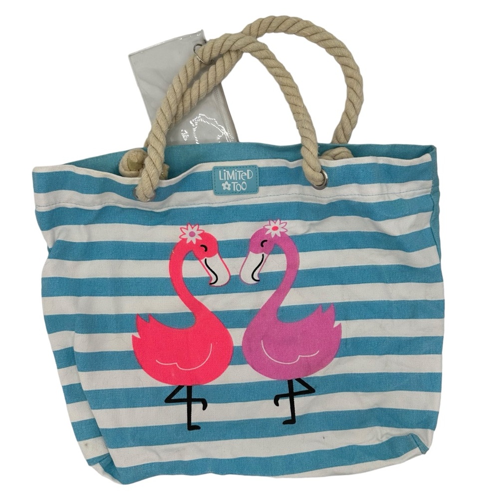 Vintage Y2K Flamingo Blue Striped Summer Beach Tote Bag
